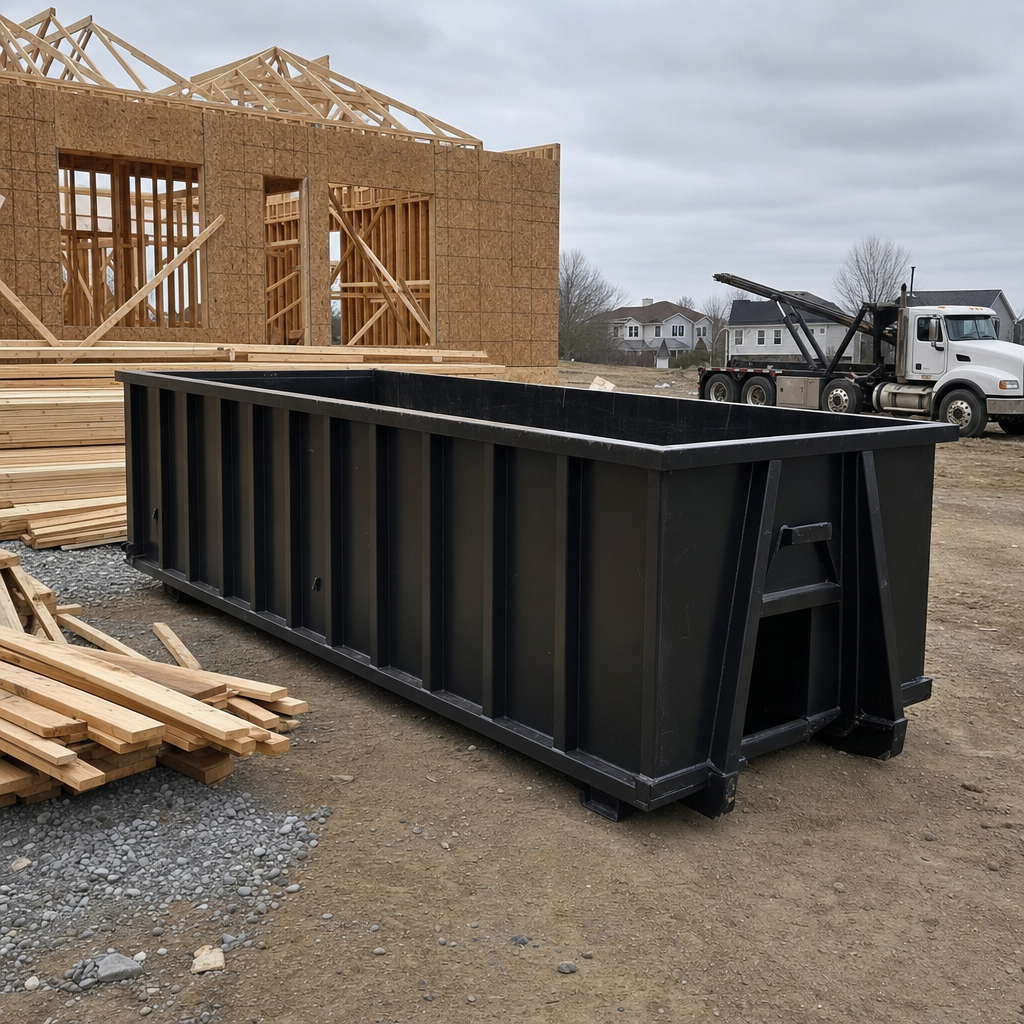 Matte-black 40-yard roll-off dumpster staged on a framed-out residential construction site in South Bend, framing lumber stacked nearby, hooklift delivery truck visible in the background under bright Colorado daylight