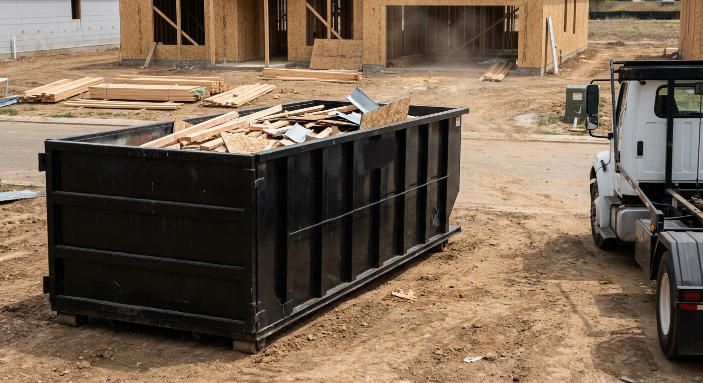 Matte-black 20-yard roll-off construction dumpster with heavy ribbed steel sidewalls and swing rear doors at a working jobsite in South Bend, sitting directly on compacted dirt with an unmarked white hauler partially visible at the far edge of the frame.