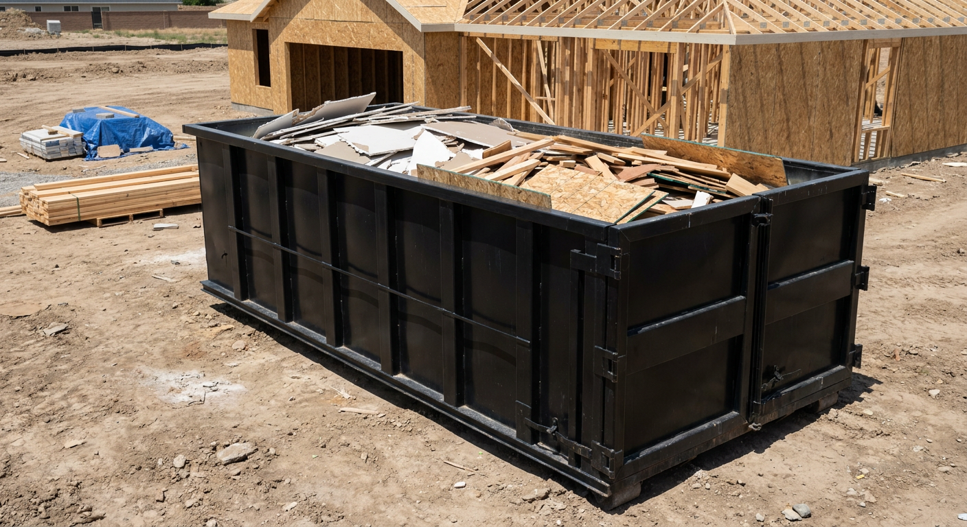 Matte-black 30-yard roll-off construction dumpster sitting directly on the compacted-dirt site of a framed single-family home build in South Bend, drywall and lumber scrap loaded inside.