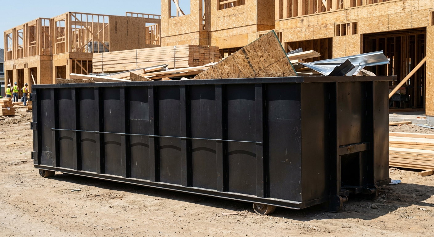 Matte-black 40-yard roll-off construction dumpster being lowered from a white-cab hooklift delivery truck onto the compacted-dirt jobsite at a commercial build site in South Bend