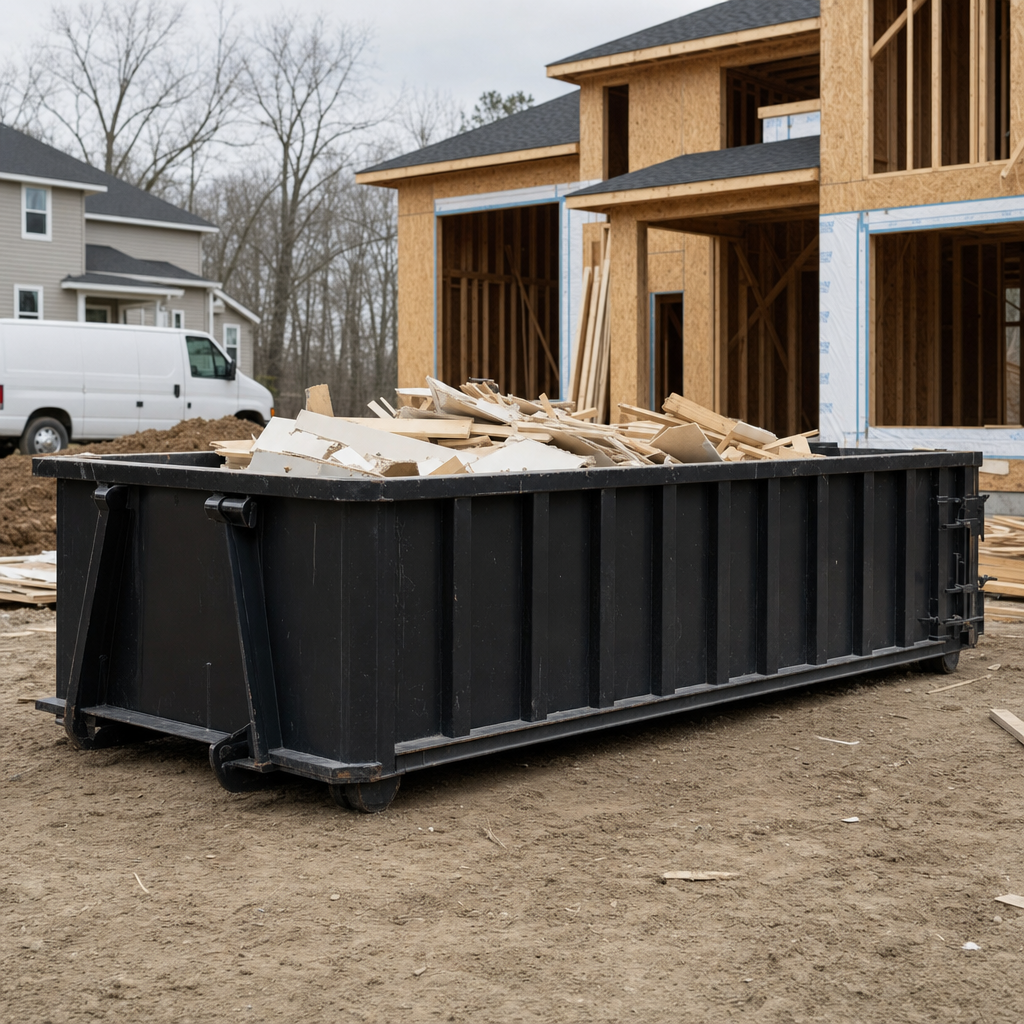 Worker in a yellow high-visibility vest tossing framing lumber and broken drywall into a matte-black 30-yard construction roll-off dumpster on an active build site in South Bend, bright daylight