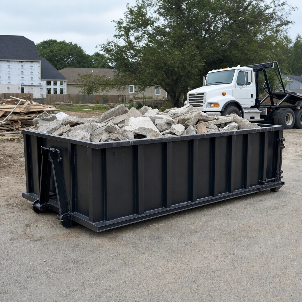 Low-profile matte-black lowboy roll-off dumpster loaded with broken concrete slab and rebar at a foundation tear-out in South Bend, skid steer parked beside it, sunny Colorado morning