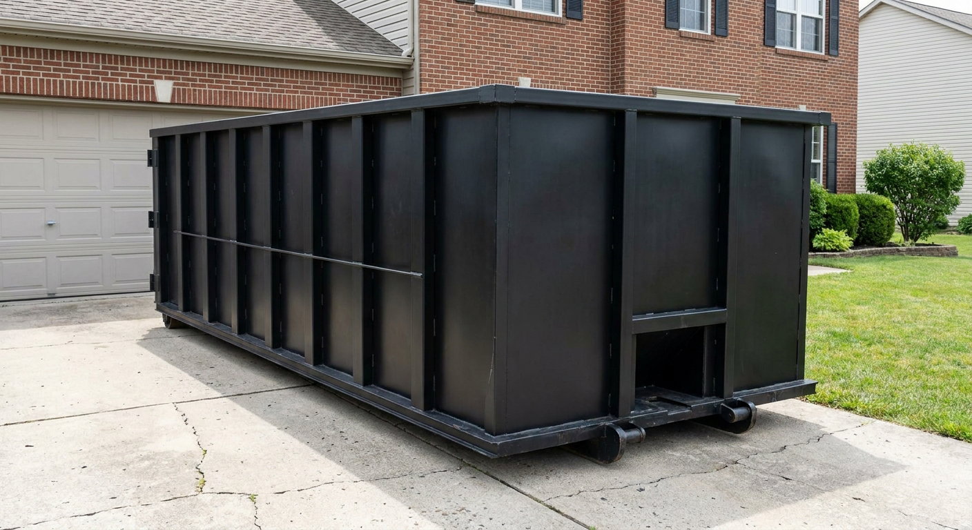 Matte-black 20-yard roll-off container on a South Bend residential concrete driveway with reinforced ribbed steel sidewalls and a hinged rear walk-in door, clean bright daylight.