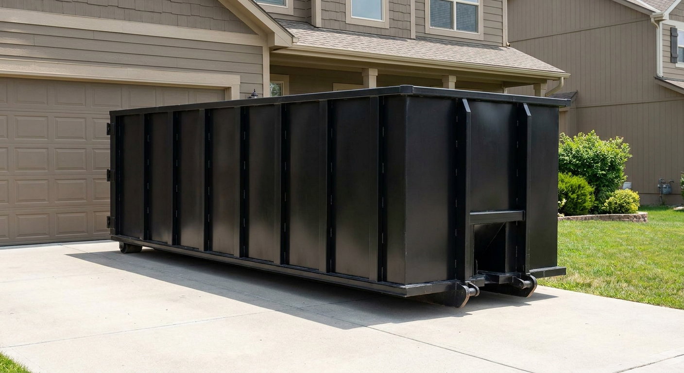Matte-black residential roll-off dumpster sitting directly on a suburban South Bend concrete driveway, garage door closed, single-family home in background, bright morning daylight.