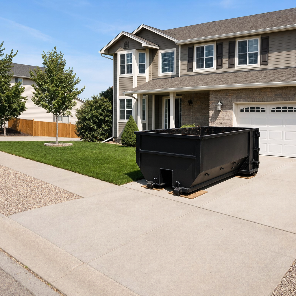 10-yard matte-black residential dumpster placed directly on a narrow South Bend concrete driveway, room remains for a parked sedan beside it, mid-morning natural light