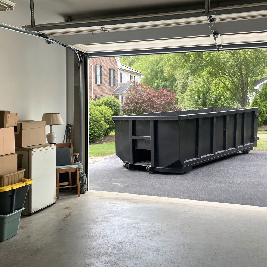 Open garage interior in a South Bend home mid-cleanout — boxed items, an old appliance, and stacked yard tools queued near the driveway for a matte-black roll-off dumpster, organized and calm