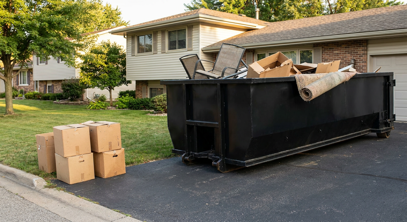 Front-yard view of a South Bend split-level home with a 20-yard matte-black roll-off dumpster sitting directly on the asphalt driveway, a few clearly labeled donation boxes staged at the curb, calm sunny afternoon.