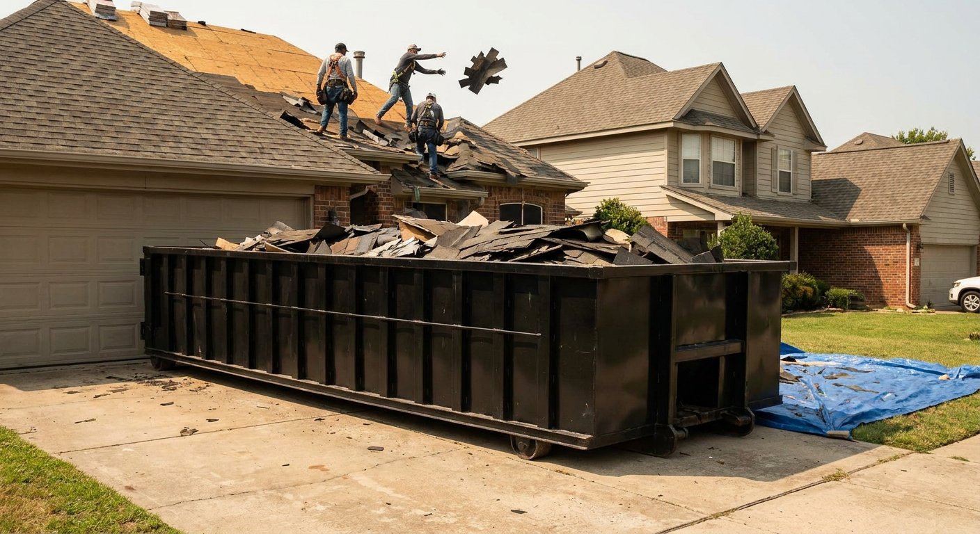 Matte-black roofing roll-off dumpster placed directly on a South Bend residential concrete driveway, a tear-off crew on a two-story asphalt-shingle roof tossing shingle bundles into the low-walled container, bright daylight, documentary 35mm perspective.