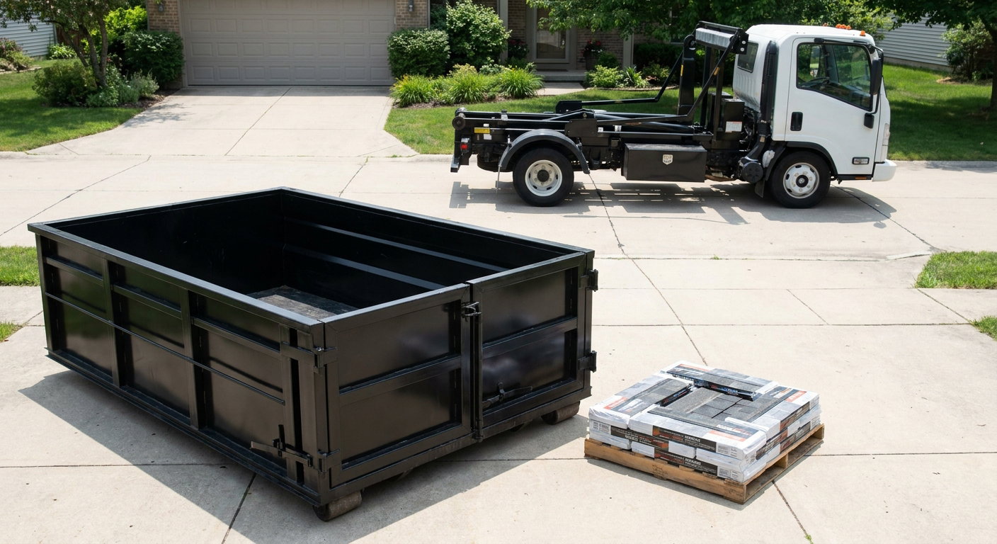 Matte-black 15-yard roofing roll-off dumpster with reinforced low side walls sitting directly on a South Bend residential concrete driveway, three-tab asphalt shingle bundles stacked nearby, an unmarked white hauler truck partially visible at the edge of the frame.
