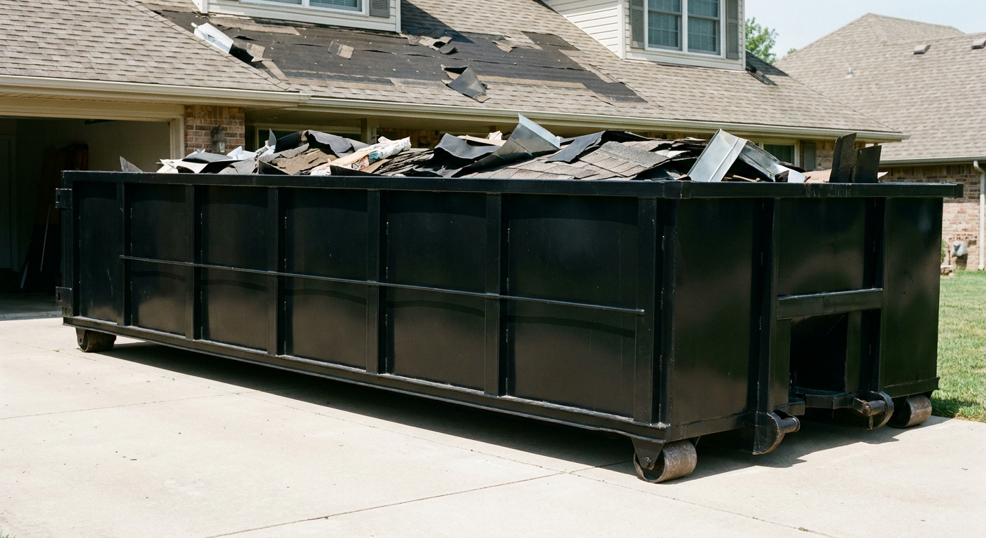 Matte-black 20-yard roofing roll-off dumpster with steel ribbed sides and swinging rear door, sitting directly on the concrete driveway of a two-story South Bend home, asphalt shingle debris being loaded over the low wall, clean documentary lighting.