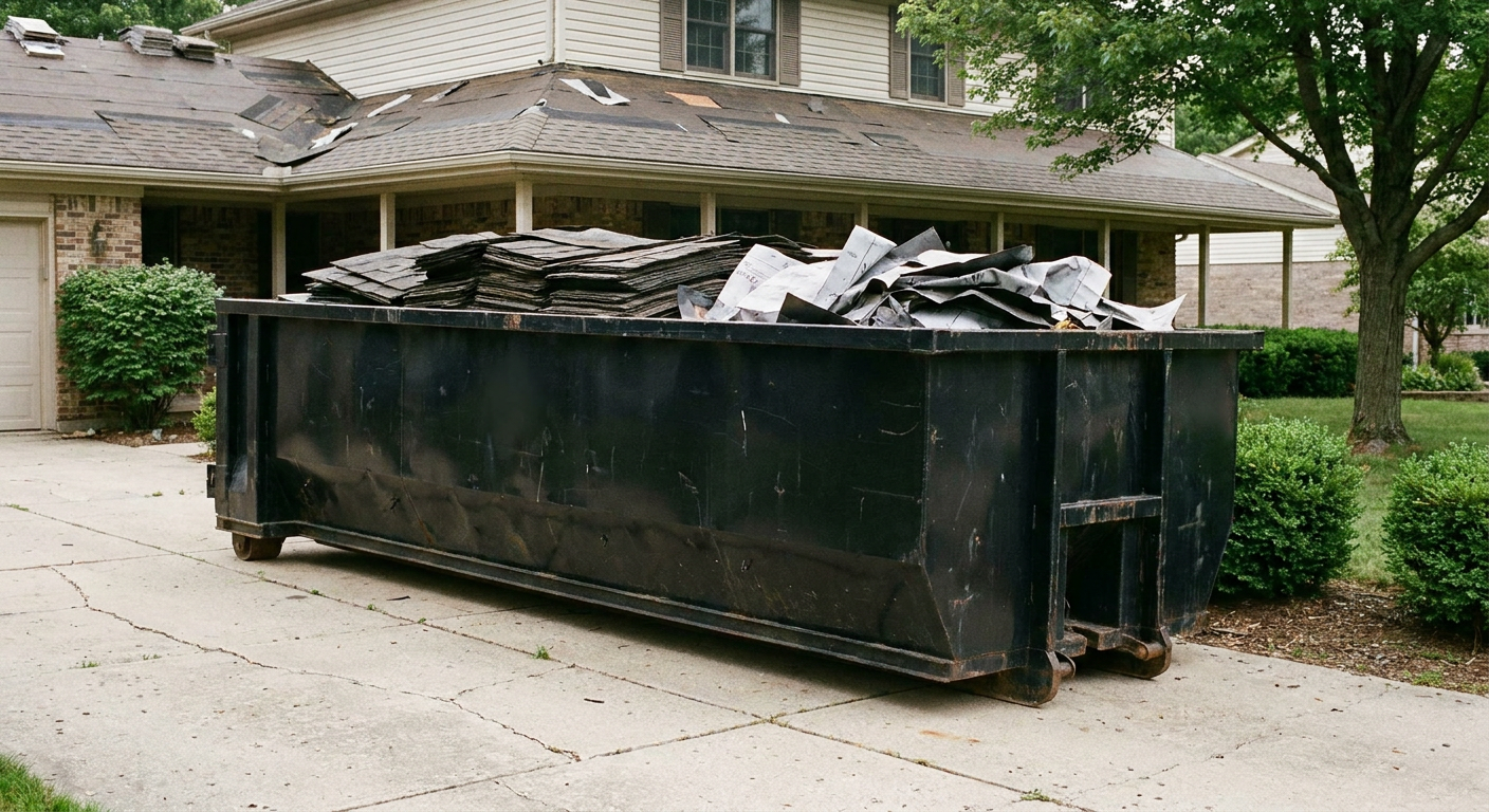 Matte-black 30-yard roofing roll-off dumpster sitting directly on a South Bend concrete driveway, taller ribbed steel side panels, mixed tear-off debris of asphalt shingles and underlayment inside, professional documentary daylight.