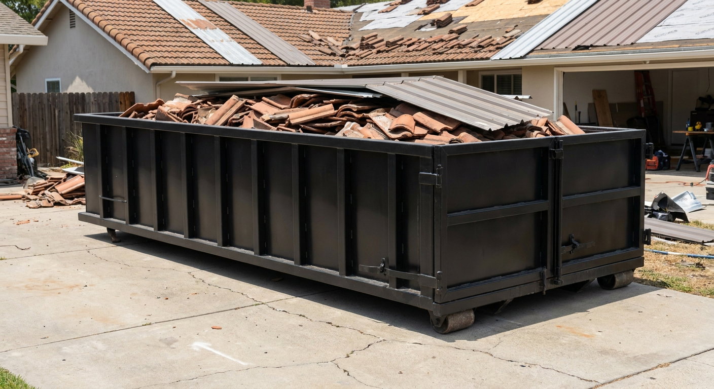Matte-black low-wall heavy-debris roofing roll-off dumpster sitting directly on a South Bend concrete driveway, broken concrete clay roof tiles and metal panel sections loaded inside, reinforced ribbed steel side walls visible, bright outdoor daylight.