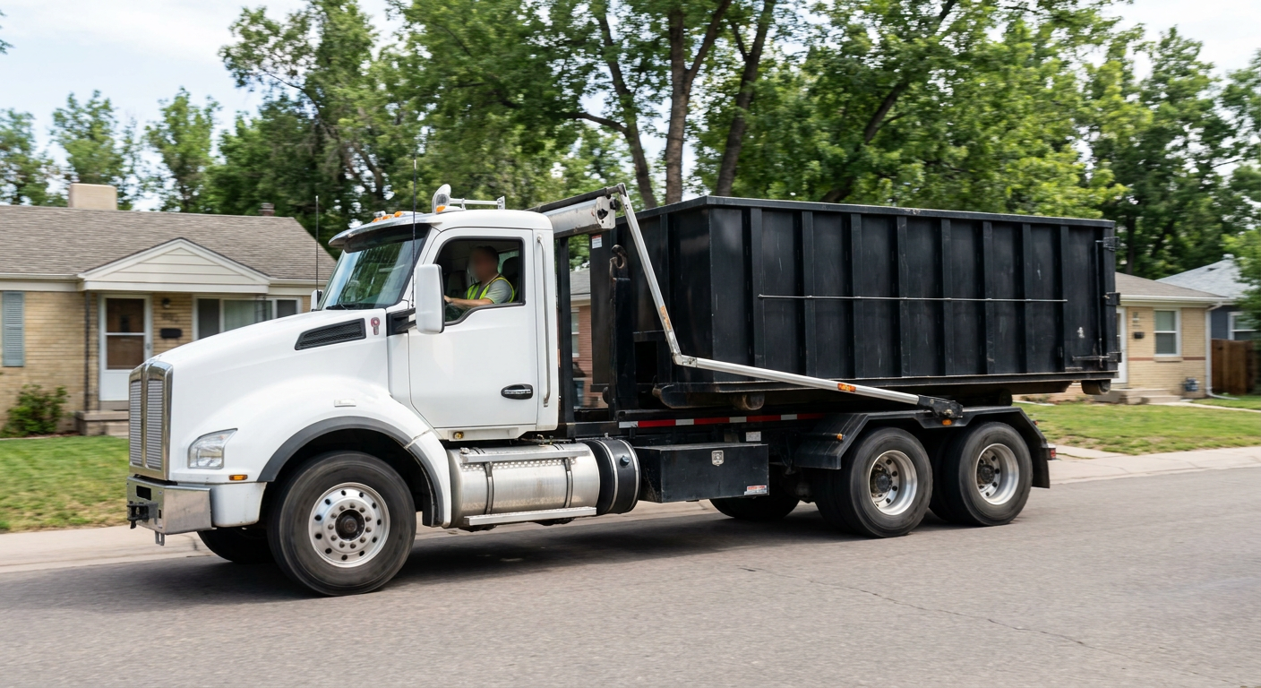 A wide documentary shot of a matte-black roll-off delivery truck pulling onto a quiet South Bend residential street at mid-morning, with neighborhood rooftops and tree-lined blocks visible behind, showing the metro coverage footprint.