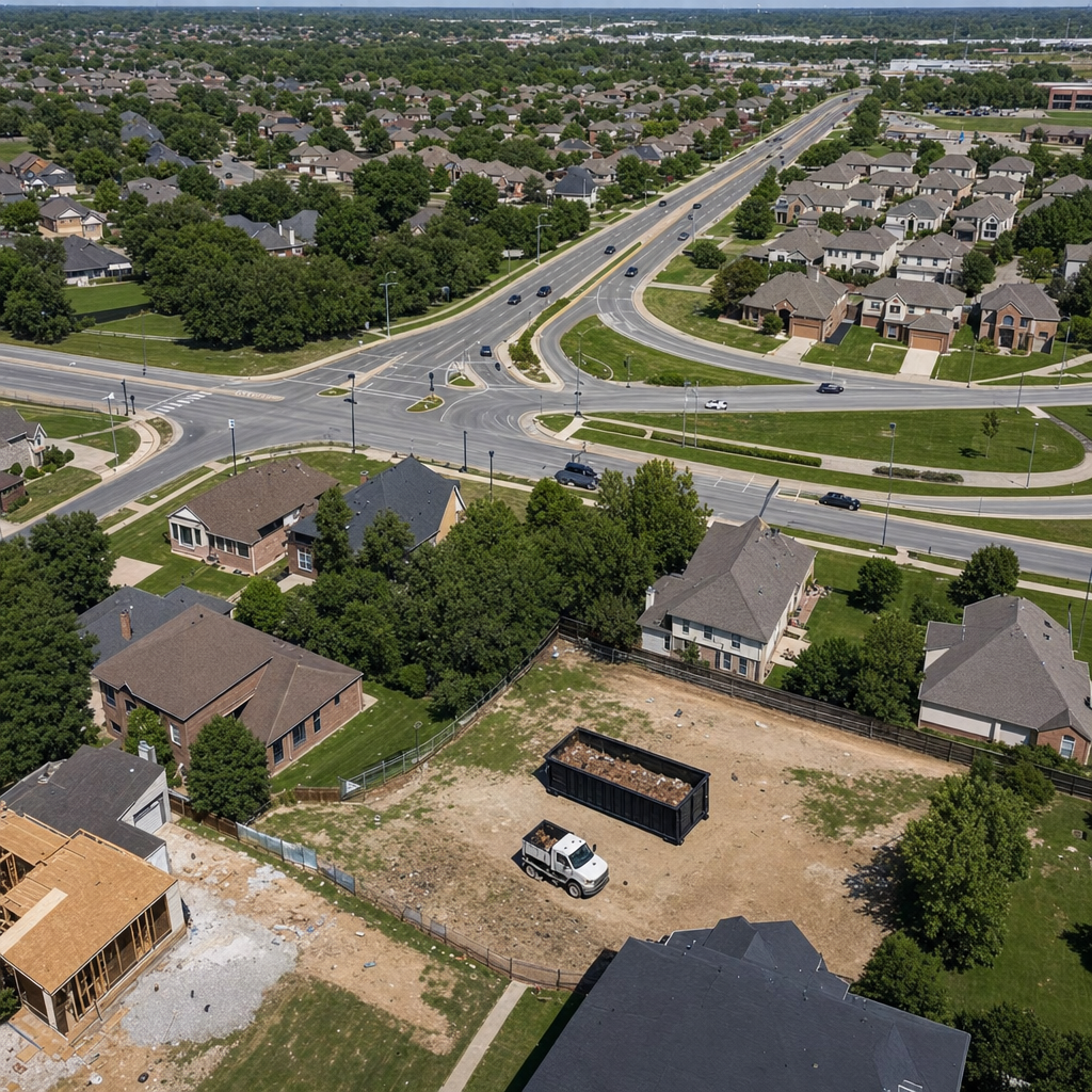 An overhead documentary view of the South Bend metro area at midday, showing the spread of neighborhoods, arterial roads, and the dispatch radius from a central yard — clean daylight, organized geographic layout.