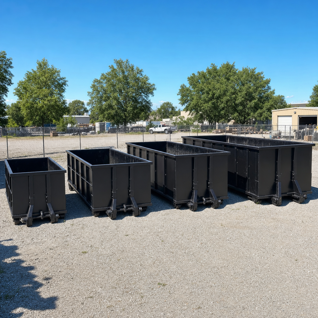 A clean lineup of matte-black roll-off dumpsters in 10, 20, 30, and 40-yard sizes staged on a sunlit gravel yard in South Bend, showing the size progression from compact to commercial-scale containers.