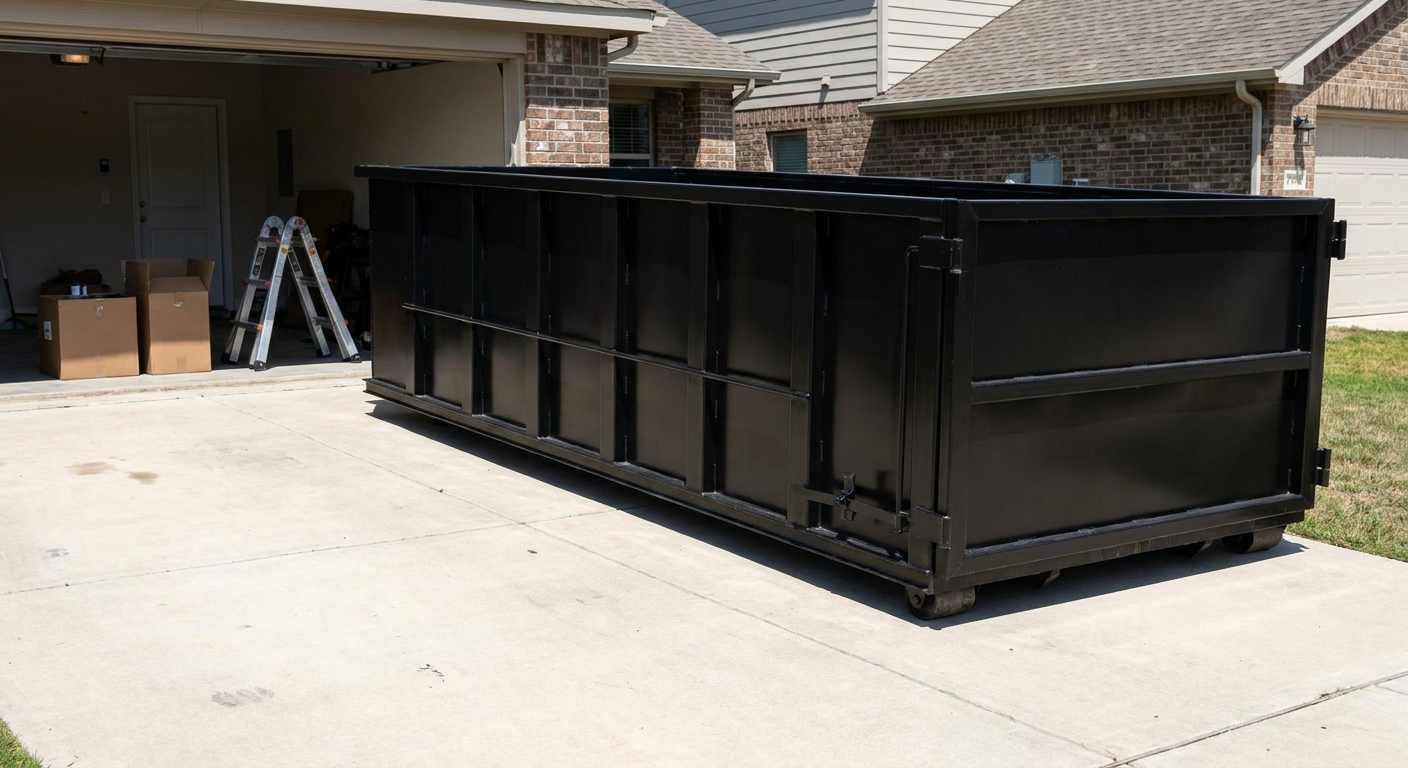 A matte-black 10-yard roll-off dumpster sitting directly on a residential South Bend concrete driveway, mid-day sunlight, clean and ready for a garage cleanout.