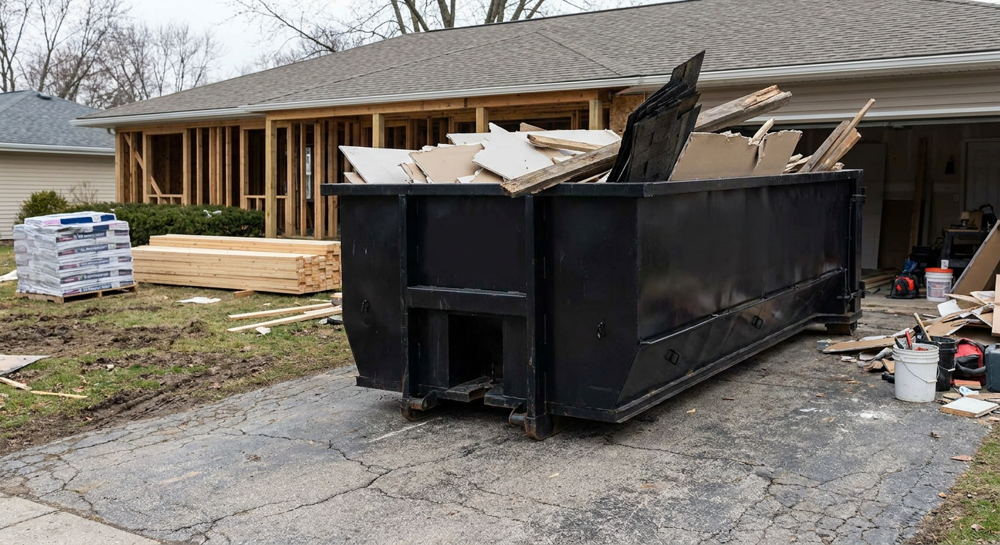 A matte-black 20-yard roll-off dumpster placed alongside a mid-renovation South Bend home directly on the asphalt driveway, with framing materials and torn-off shingles staged neatly nearby.