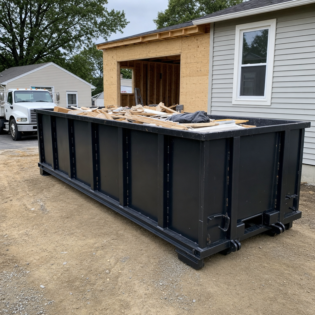 A matte-black 30-yard roll-off dumpster positioned at a South Bend residential addition jobsite, with framing lumber and drywall scraps loaded through the open swinging rear doors.