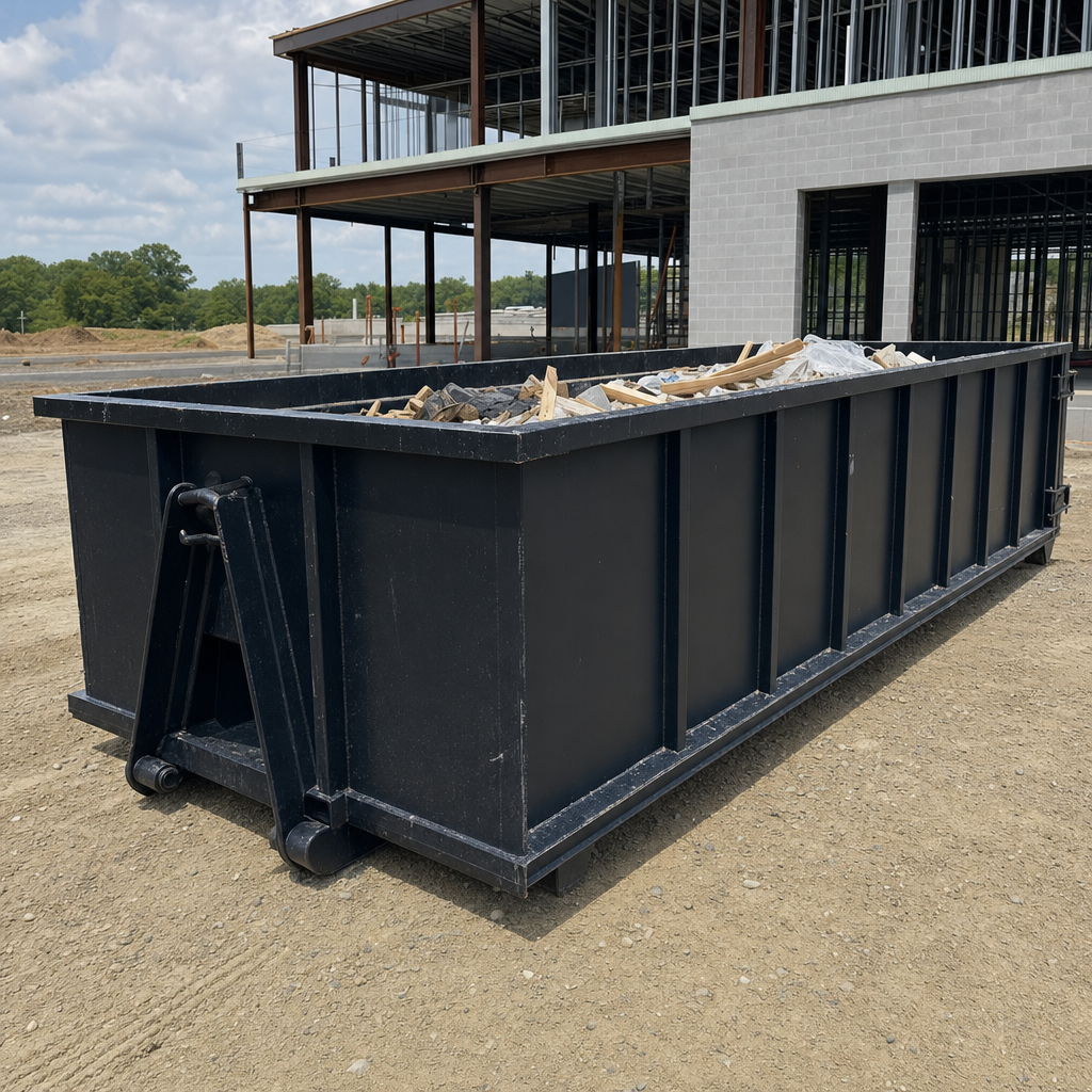 A matte-black 40-yard roll-off dumpster staged on a large South Bend commercial construction lot, with a hooklift delivery truck parked alongside under bright midday sky.