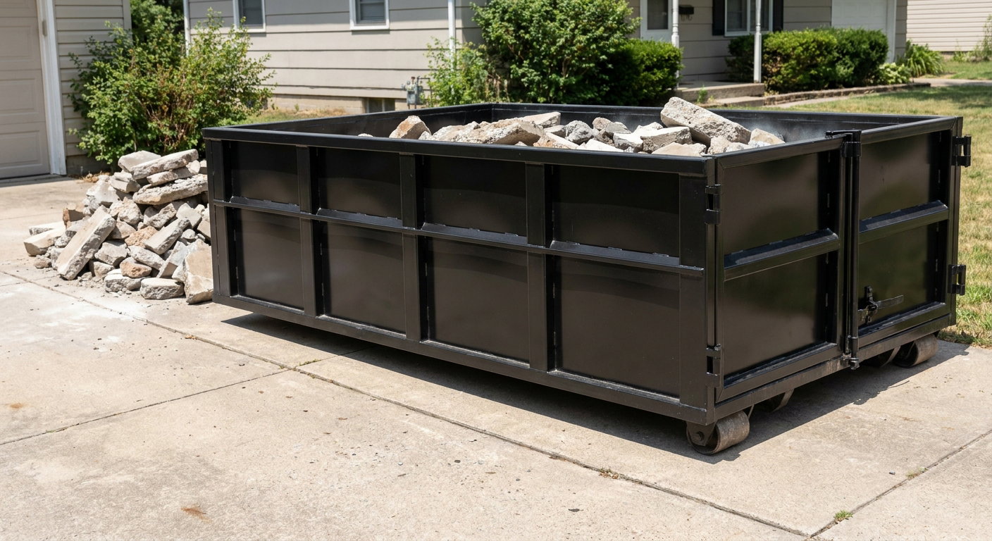 A matte-black low-side heavy-debris roll-off dumpster placed directly on a South Bend concrete driveway, with broken concrete chunks neatly stacked beside it under clean daylight.