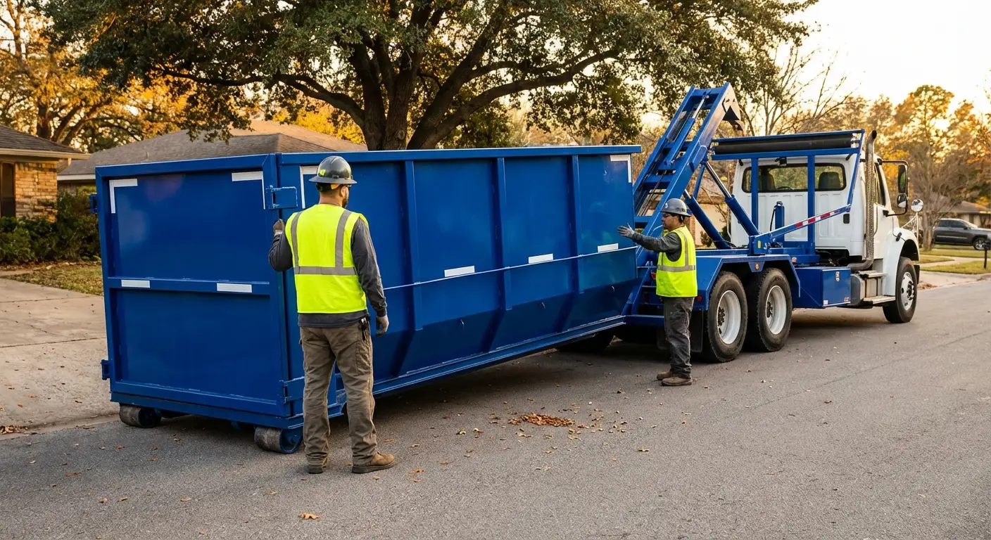 Roll-off dumpster delivery truck in operation in South Bend, IN