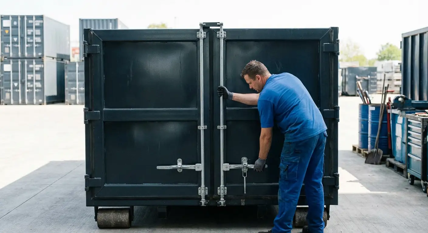 Dumpster walk-in loading door open showing easy access in South Bend, IN