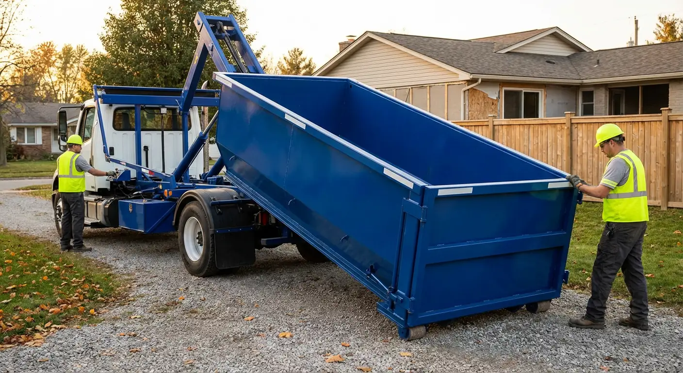 Roll-off dumpster rental delivery truck in South Bend, IN
